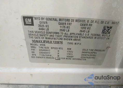 2018 Chevrolet Equinox Lt z USA, uszkodzony, nr VIN 3GNAXJEV8JL120876